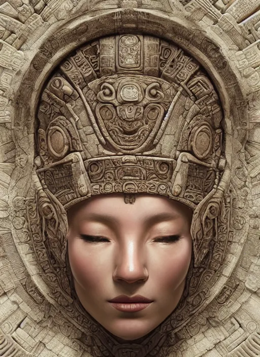 Image similar to Helmet of a forgotten Mayan Deity, ivory, corals, extremly detailed digital painting, in the style of Tomasz Alen Kopera and Fenghua Zhong and jeremy lipking and Peter Mohrbacher, mystical colors, rim light, beautiful lighting, 8k, stunning scene, raytracing, octane, trending on artstation