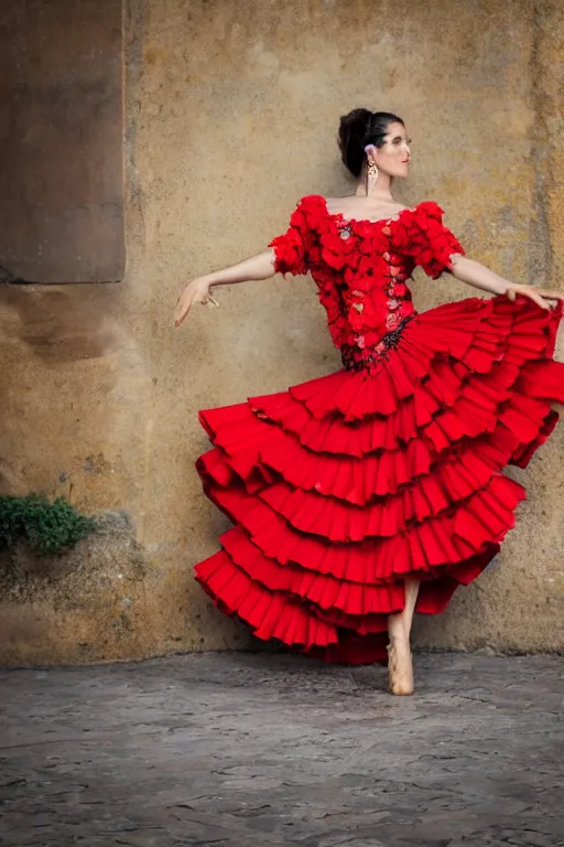 Prompt: spanish flamenco dancer in mallorca wearing a red dress made of flowers, photo realistic, extreme detail skin, natural beauty, no filter, slr, golden hour, 4 k, high definition, selfie