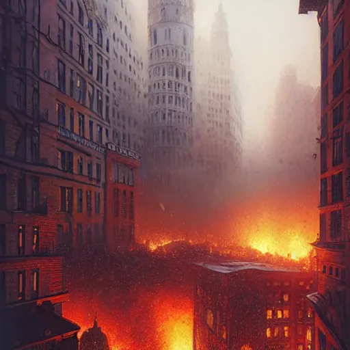 Image similar to city of munich destroyed by a meteor!!!, rubble!!, fires!!, jewish bankers running away in panic!!!, hyperrealistic, highly detailed, cinematic, foggy light from fires, beautiful, cgssociety, artstation, 8 k, oil painting by greg rutkowski, by artgerm, by wlop