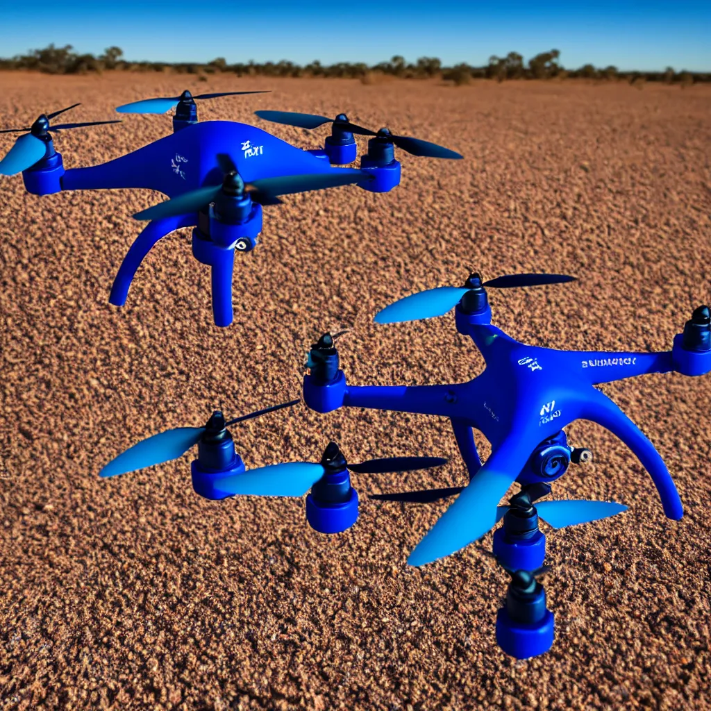 Image similar to bright blue colored drone aircraft shooting insect pests with a laser in the australian desert, XF IQ4, 150MP, 50mm, F1.4, ISO 200, 1/160s, natural light