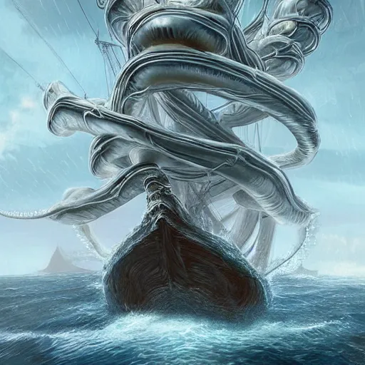 Image similar to a giant squid attacking a ship, its tentacles wrapping around the ship, tentacles coming out of the water, the squids head peaking out of the water, trending on artstation, highly detailed, dramatic lighting
