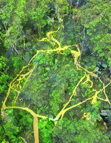 Prompt: vintage color photo of aerial view of a giant 1 1 0 million years old abstract structure made of light beams and liquid gold covered by the jungle vines