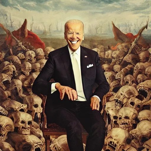 Image similar to Joe Biden sitting on his throne of skulls and smiling, oil on canvas, 1883