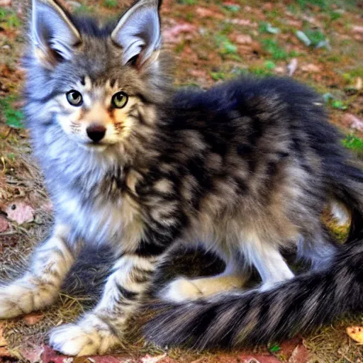 Prompt: a very cute maine coon coyote wolf kitten hybrid with long fluffy tail