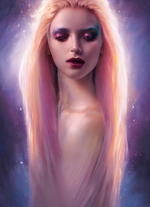 Prompt: girl with iridescent hair, beautiful highly detailed face, complementary lighting, backlit, eyeshadow, lipstick, divine, dramatic lighting, landscape background, beautiful painting by artgerm and greg rutkowski and raymond swanland