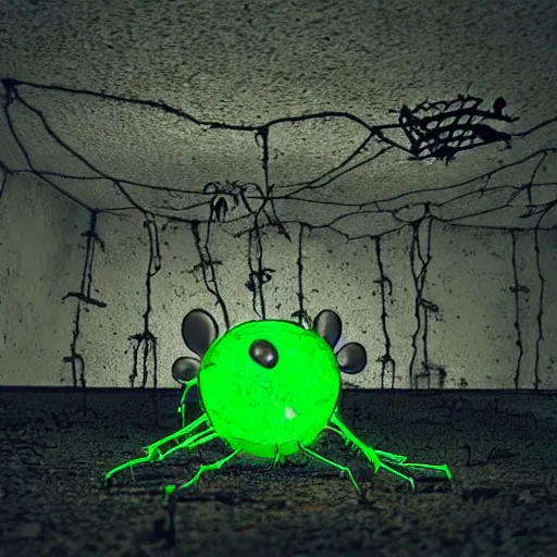 Image similar to a disturbing photograph of a monster made of roaches and spiders with glowing green eyes in dark concrete room with a single light bulb hanging from a wire. extreme detail. low color saturation.