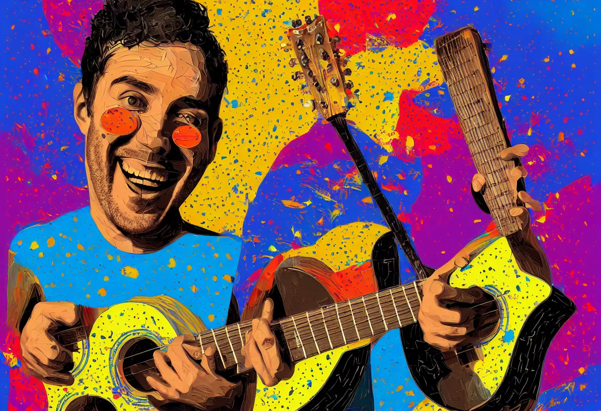 Image similar to random smiling funny guy with guitar, pop art, aesthetic art, 8 k, asymmetrical, high details, digital painting, concept art, smooth, beautiful, full body perfect, sharp focus, illustration, intricate, art by arstation and mimmo rotella, pixels art by paul robertson