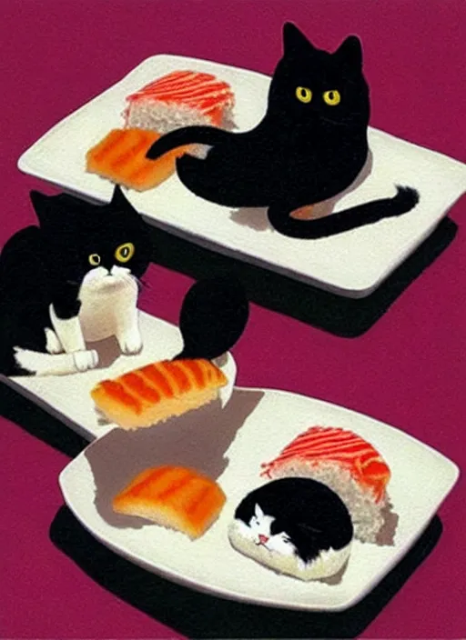 Prompt: clear surrealist painting of adorable cats made out of sushi
