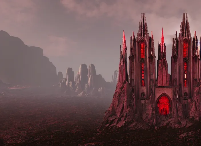 Prompt: dramatic hyperrealistic render of a gothic cathedral, made of red rock, tall spires, top of a canyon, atmospheric, moody, dark, cinematic, octane render, 8K