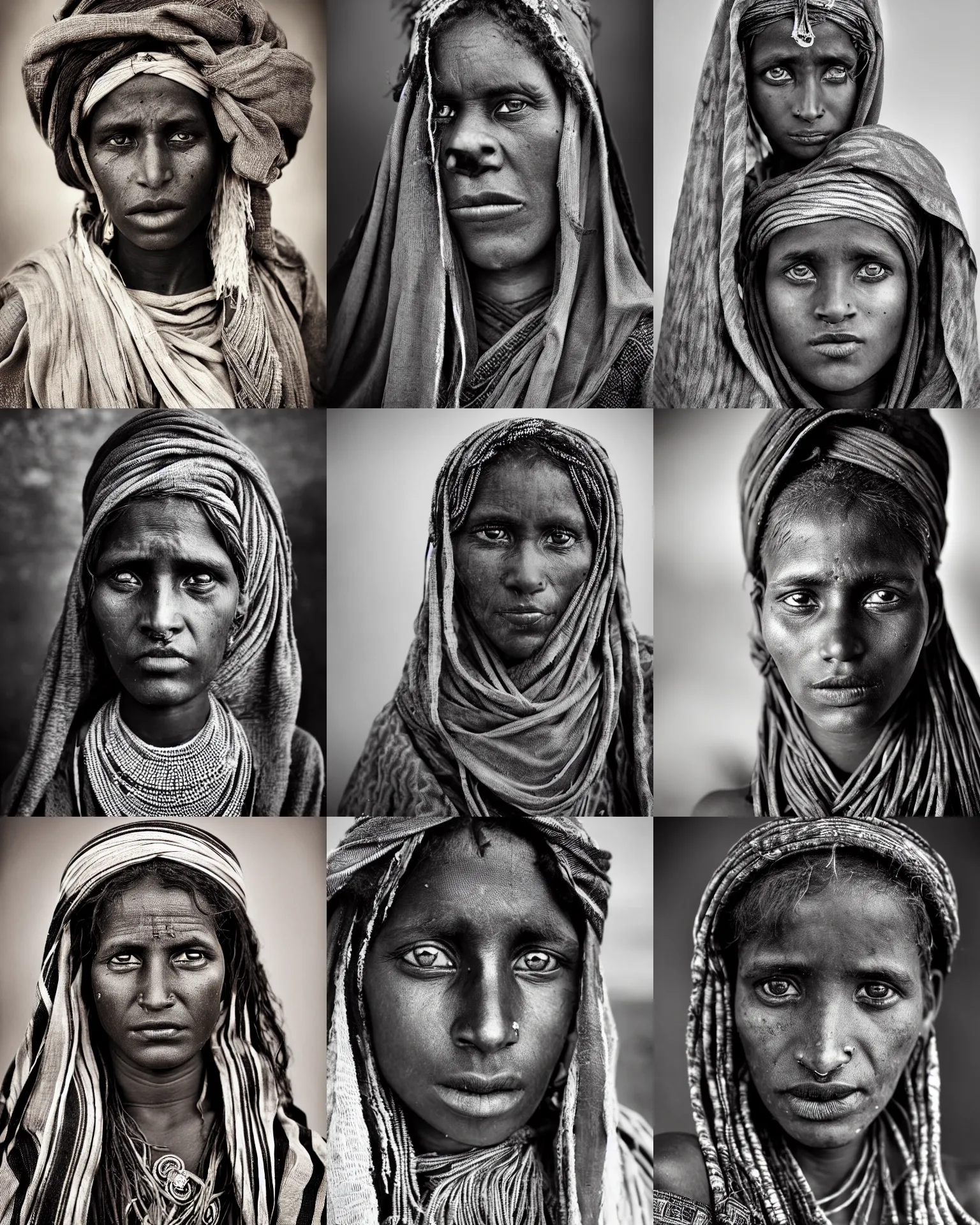 Prompt: Award winning Portrait photo of a Native Female Mauritanians with incredible hair and beautiful hyper-detailed eyes wearing traditional garb by Lee Jeffries, 85mm ND 5, perfect lighting, gelatin silver process