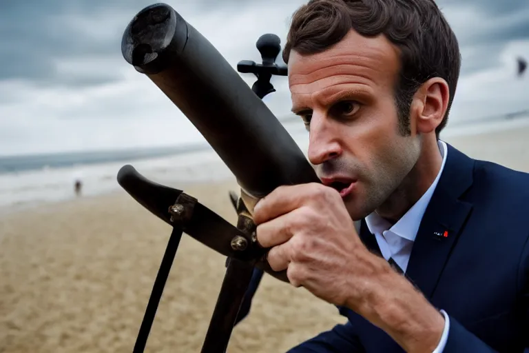 Image similar to closeup portrait of emmanuel macron firing a cannon at england at the beach, natural light, sharp, detailed face, magazine, press, photo, steve mccurry, david lazar, canon, nikon, focus