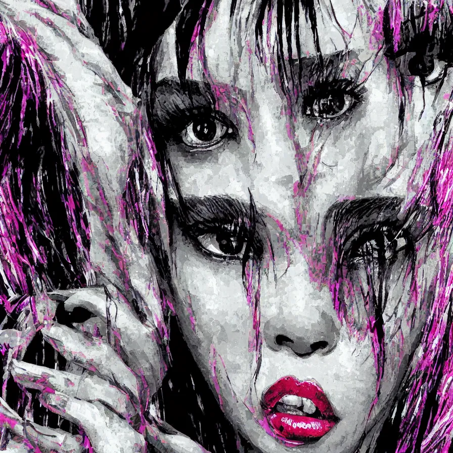 Prompt: very beautiful extreme closeup portrait of a black bobcut hair style futuristic fka twigs in a blend of manga - style art, augmented with vibrant composition and color, all filtered through a cybernetic lens, by hiroyuki mitsume - takahashi and noriyoshi ohrai and annie leibovitz, dynamic lighting, flashy modern background with black stripes