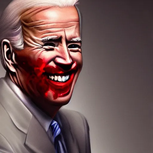 Image similar to joe biden smiling with blood in his face while behind him the world is burning, dramatic lighting, cinematic, establishing shot, extremly high detail, photorealistic, cinematic lighting, artstation, style by James Gurney