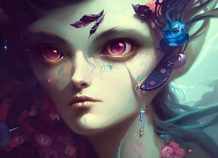 Image similar to close up picture of an maximalist dress girl, extremely beautiful and aesthetic and detailed cute face and eyes, with cute familiar sprites, chiaroscuro, intricate, masterpiece, fantasy illustrations by peter mohrbacher and anato finnstark and jeremy lipking