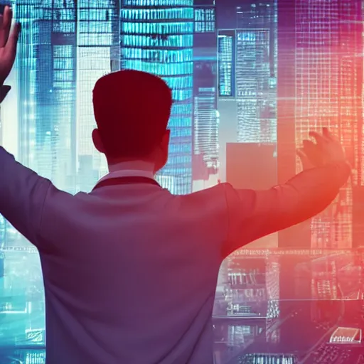 Image similar to futuristic world, man waving goodbye to group of people, ((cryptocurrency in background))