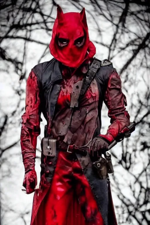 Image similar to red hood cosplay, creepy, disturbing, bloody