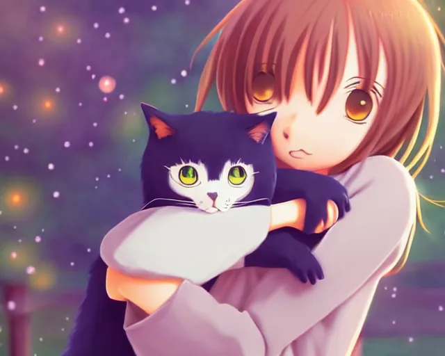 Image similar to anime fine details portrait of joyful girl hugging cat in school, bokeh. anime masterpiece by Studio Ghibli. 8k render, sharp high quality anime illustration in style of Ghibli, artstation