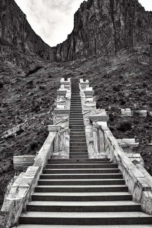 Prompt: marble steps with pillars mountains in background by gret rutkowski