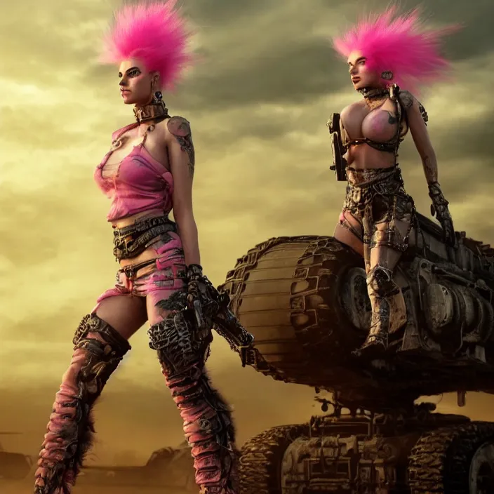 Image similar to beautiful apocalyptic woman with pink Mohawk, standing on mad max panzer tank, 4k ultra hd, fantasy dark art, tank girl, artstation, octane render, elegant, detailed digital painting