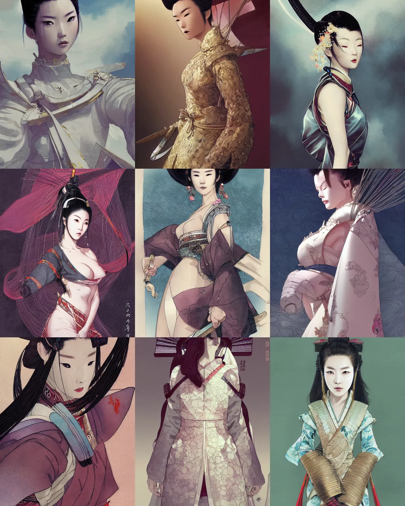 Image similar to close - up of luxurious samurai lee jin - eun in a seductive space dress, by amano yoshitaka, marc simonetti, jean giraud, martine johanna, josan gonzalez, beautiful, smooth, sharp focus, clean details, elegant,