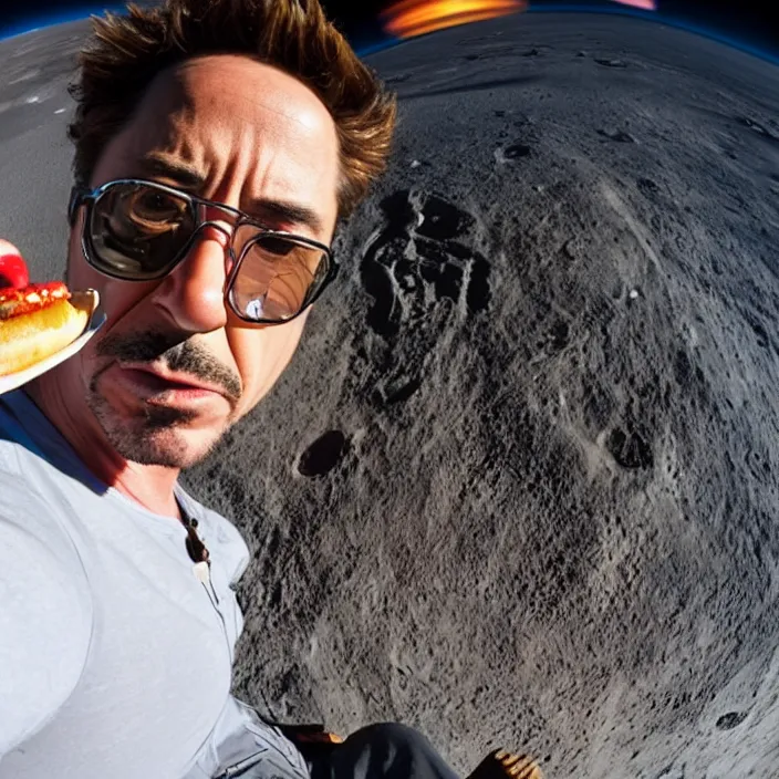 Image similar to robert downey jr eating a hot dog on the moon, dynamic lighting, gopro selfie with a fisheye lens