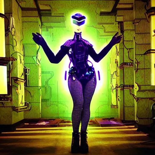 Prompt: “ gorgeous cybergoth woman in a futuristic symmetric augmented reality opium den ”