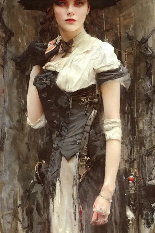 Image similar to Richard Schmid and Jeremy Lipking full length portrait painting of a young beautiful victorian steampunk vampire detective woman