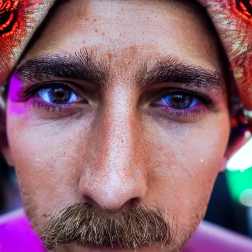 Prompt: the face of a person at a festival who has glimpsed the fourth dimension, intricately detailed, beautiful face, detailed eyes, award winning, 8 k