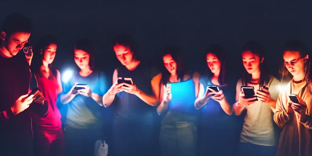 Prompt: group of people in a dark room, illuminated by the screen of their smartphones. dark environment, picture taken with smartphone camera, dslr photograpy, 4K, highly detailed, vibrant colors, Nikon d850 55mm, social game, home setting.