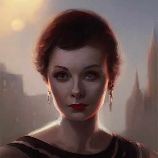 Image similar to closeup portrait of a young vivian leigh, dramatic lighting, city background, night, moon, chiaroscuro, high detail, painted by greg rutkowski, painted by igor kieryluk, painted by bobby chiu, trending on artstation