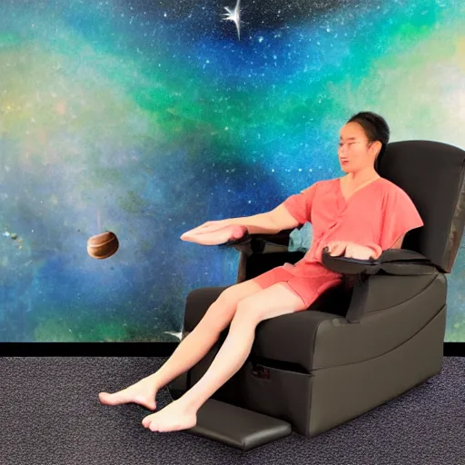 Image similar to community acupuncture recliner chair and person receiving acupuncture, floating in space, galactic background with cosmic rays, chill, dramatic lighting