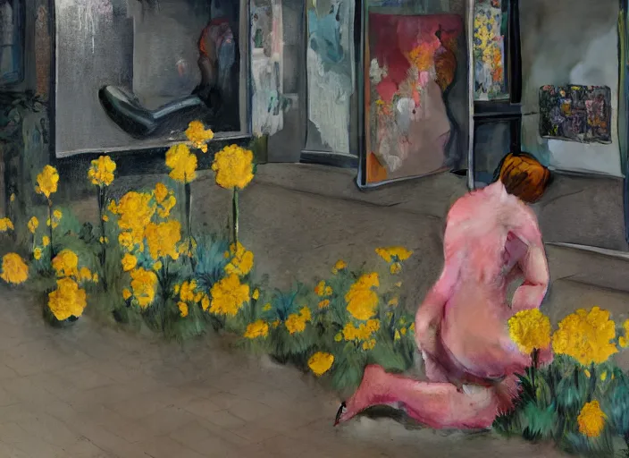 Image similar to kneeling figure in on yellow pavement, painterly, interior of bus stop, peeling posters on wall, flowers and plants growing from figure, by lisa yuskavage, francis bacon, zdzislaw beksinski, james jean