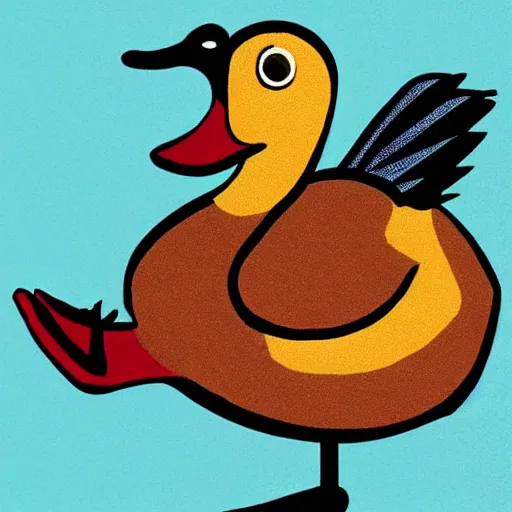 Prompt: duck doing backflip in mid - century illustration style