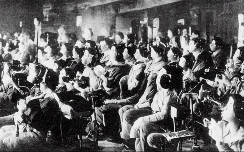 Prompt: 1 9 0 0 s photo of people using iphones ipods virtual reality headsets vr watching hd tv in a movie theater intravenous tube iv in their arms