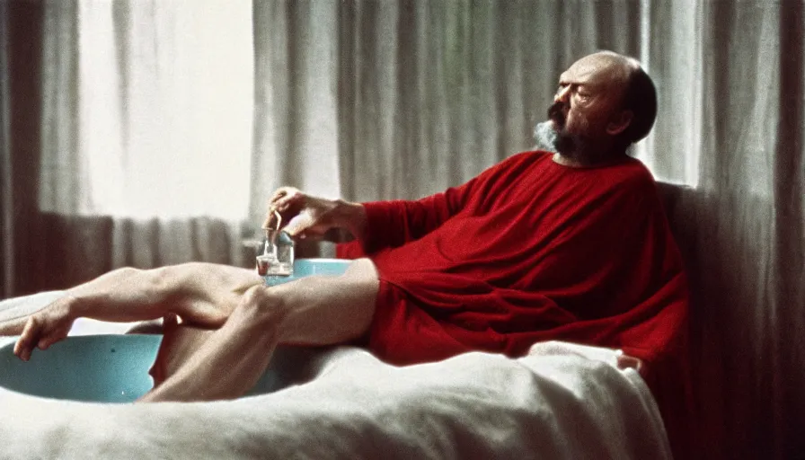 Prompt: 1 9 6 0 s movie still by tarkovsky of socrates drinking hemlock in a bowl in a bed with red drapery, cinestill 8 0 0 t 3 5 mm, high quality, heavy grain, high detail, panoramic, cinematic composition, dramatic light, ultra wide lens, anamorphic, flares