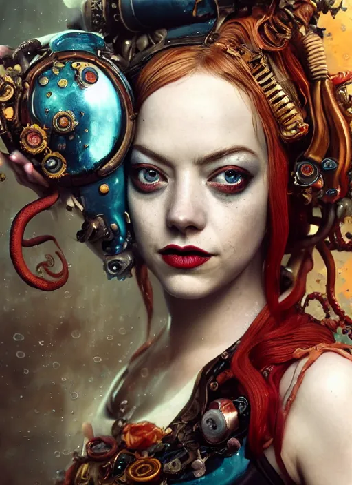 Image similar to underwater steampunk portrait of emma stone as harley quinn, octopus, hyper detailed, digital art, cinematic lighting, studio quality, smooth render, unreal engine 5, octane rendered, art style by klimt and nixeu and ian sprigger and krenz cushart.