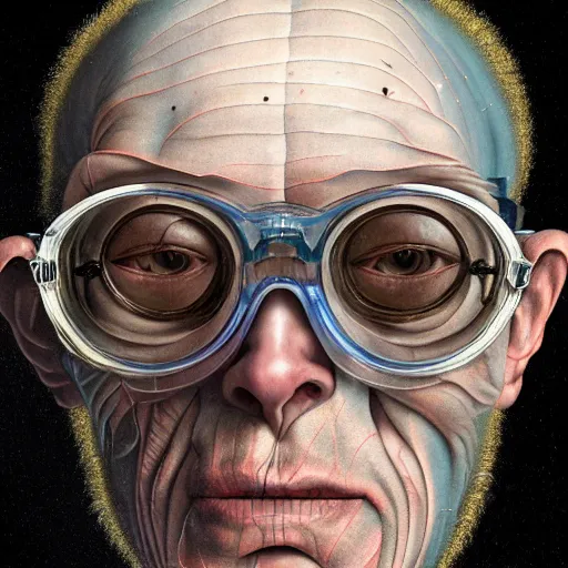 Prompt: Colour Caravaggio Bosch style Photography of Man with transparent skin with highly detailed 1000 years old face wearing highly detailed sci-fi glasses designed by Josan Gonzalez. Many details . In style of Josan Gonzalez and Mike Winkelmann and andgreg rutkowski and alphonse muchaand and Caspar David Friedrich and Stephen Hickman and James Gurney and Hiromasa Ogura. Rendered in Blender and Octane Render volumetric natural light