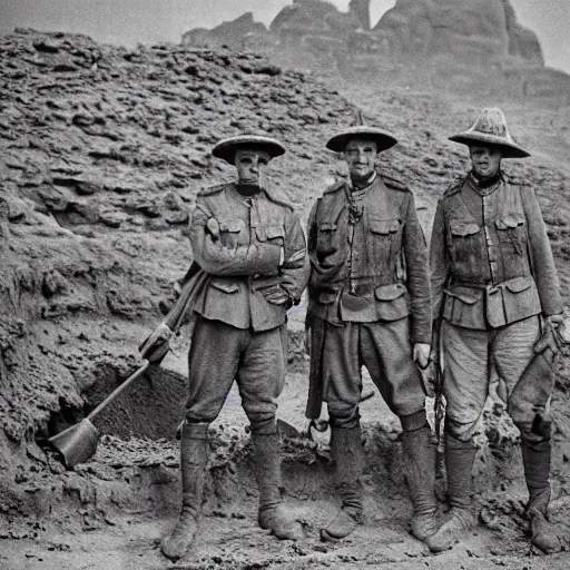 Prompt: ultra detailed photorealistic sepia - toned photograph from 1 9 1 7, three british soldiers standing at an archaeological dig site in wadi rum, ultra realistic, painted, intricate details, lovecraft, atmospheric, dark, horror, brooding, highly detailed, by clyde caldwell