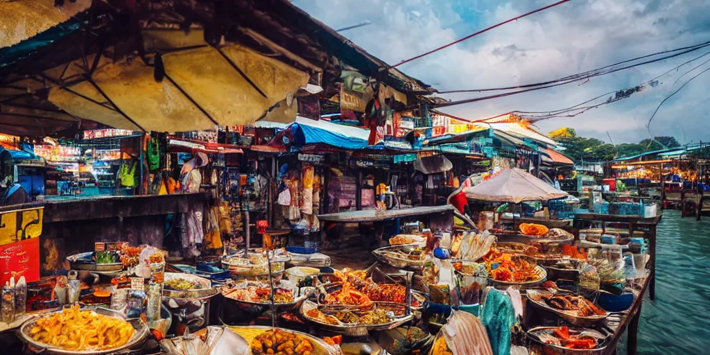 Prompt: extreme close - up of a hawker roadside stall at pulau indah fishing village, near a jetty, early morning, detailed matte painting, low angle view, telephoto lens, bokeh, studio ghibli, artstation