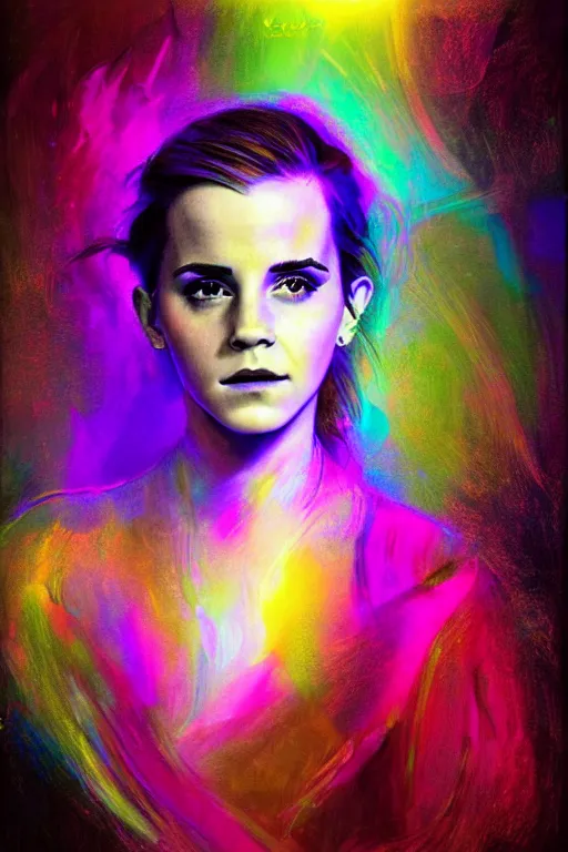 Prompt: electric emma watson, painted by peter lloyd and frank wu, trending on artstation, rembrandt lighting front view iridescent colors, chalk art, macro, magic realism, manierism