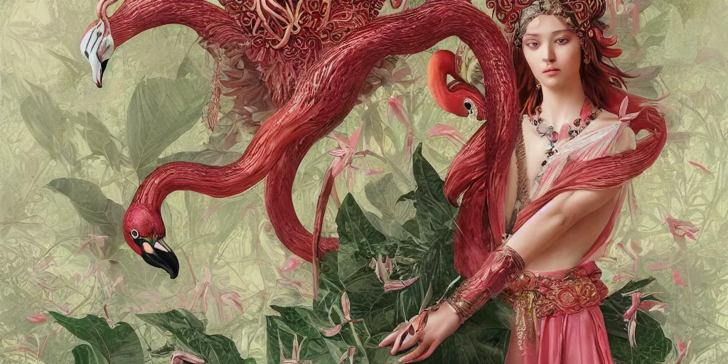 Image similar to breathtaking detailed concept art painting of the goddess of flamingo, orthodox saint, with anxious, piercing eyes, ornate background, amalgamation of leaves and flowers rafflesia arnoldii, by Hsiao-Ron Cheng and John James Audubon, extremely moody lighting, 8K