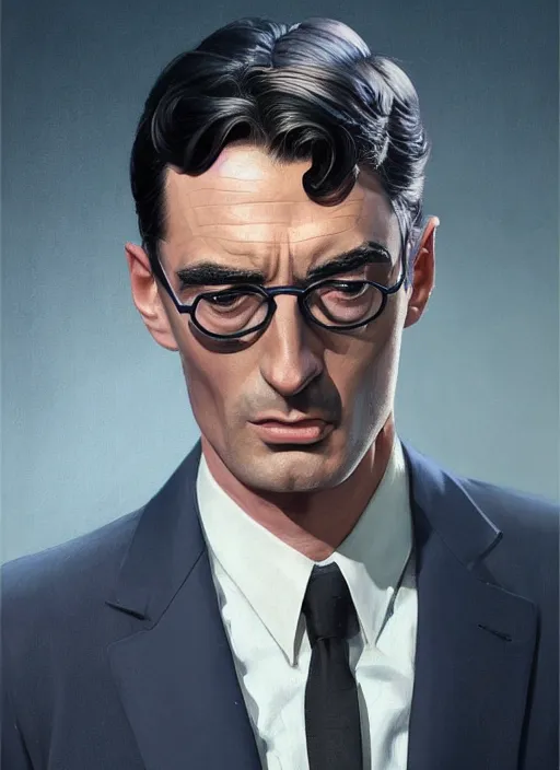 Image similar to full - length portrait of young gregory peck, dressed in a navy blue suit with silver embroidered details, detailed face, fantasy, cinematic lighting, digital art painting, fine details by realistic shaded lighting poster by ilya kuvshinov katsuhiro otomo, magali villeneuve, artgerm, jeremy lipkin and michael garmash and rob rey