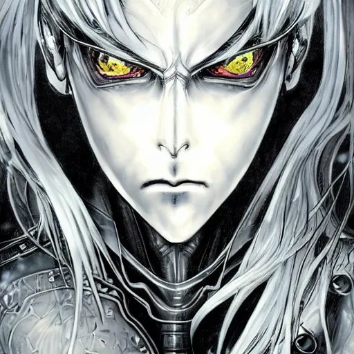 Prompt: character portrait of a girl with wavy white hair and black eyes in the style of yoshitaka amano drawn by alex maleev, highly detailed, elden ring armor with engraving, blurred edges, film grain effect