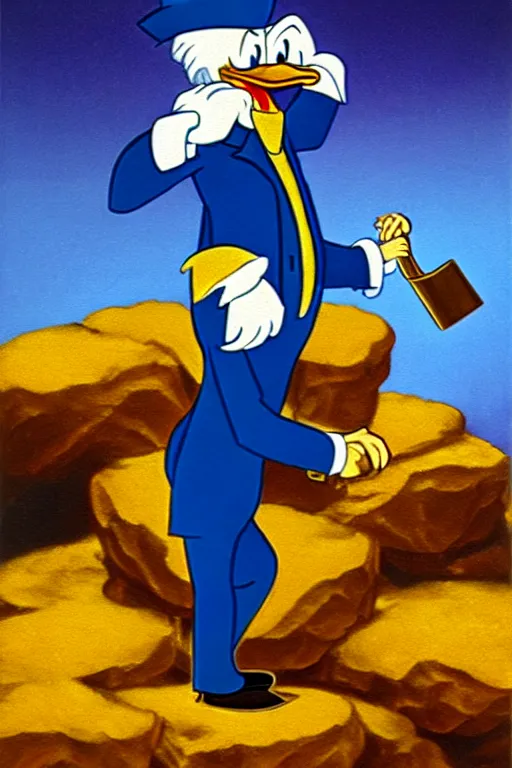 Image similar to Scrooge McDuck from the Duck Tales in blue costume standing on a mountain of golden gold and holding a cane, view from below, full body portrait including head, oil painting, highly detailed