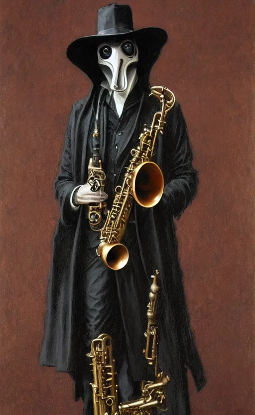 Image similar to portrait of man in black trench coat, holding an alto saxophone and wearing steam punk plague doctor mask and a black top hat, highly detailed, artstation, concept art, by krenz cushart and donato giancola and william adolph bouguereau and alphonse mucha,