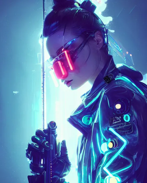 Image similar to neon operator margot robbie, cyberpunk futuristic neon, reflective puffer jacket, decorated with traditional japanese ornaments by ismail inceoglu dragan bibin hans thoma greg rutkowski alexandros pyromallis nekro rene maritte illustrated, perfect face, fine details, realistic shaded, fine - face, pretty face