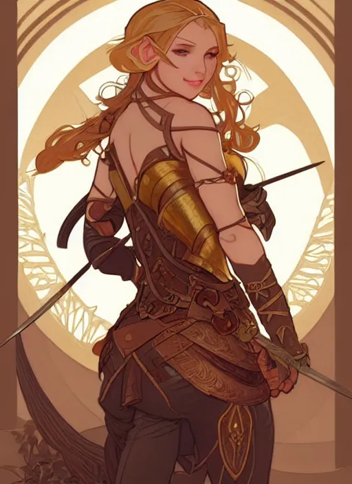 Prompt: beautiful elf archer in the slumps, brown skin, golden hair, skintight brown leather armor, curves, high fantasy, dnd, smooth, sharp focus, illustration, by rossdraws, alphonse mucha, frank fanzzeta