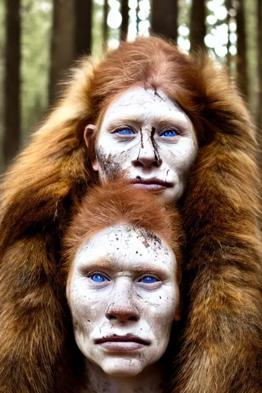 Image similar to a professional portrait photo of a gentle strong neanderthal woman in the forest in winter holding a spear, freckles and mud on face, black stripe painted side to side across her eyes, ginger hair and fur, extremely high fidelity, natural lighting,