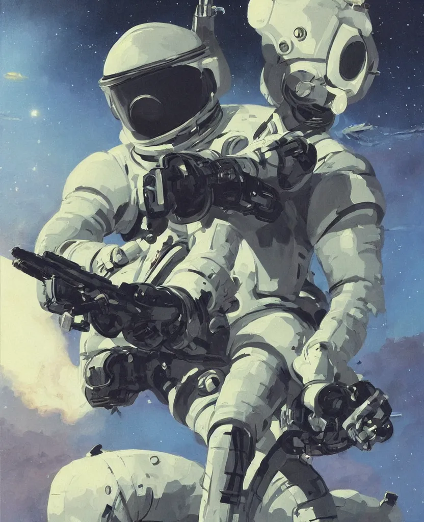 Image similar to a painting of a man in a space suit holding a gun, concept art by dean ellis, behance contest winner, retrofuturism, sci - fi, toonami, future tech