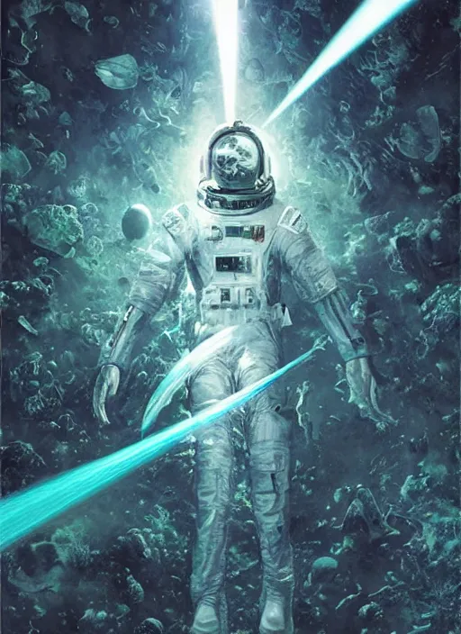 Image similar to astronaut in dark void underwater - complex and hyperdetailed technical suit design. reflection and dispersion materials. rays and dispersion of light. volumetric light. f / 3 2. noise film photo. flash photography. ultra realistic, 5 0 mm. poster by wayne barlowe, hajime sorayama aaron horkey, craig mullins